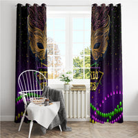 Mardi Gras window curtain pair with ornate gold mask wings and multicolor bead wave border