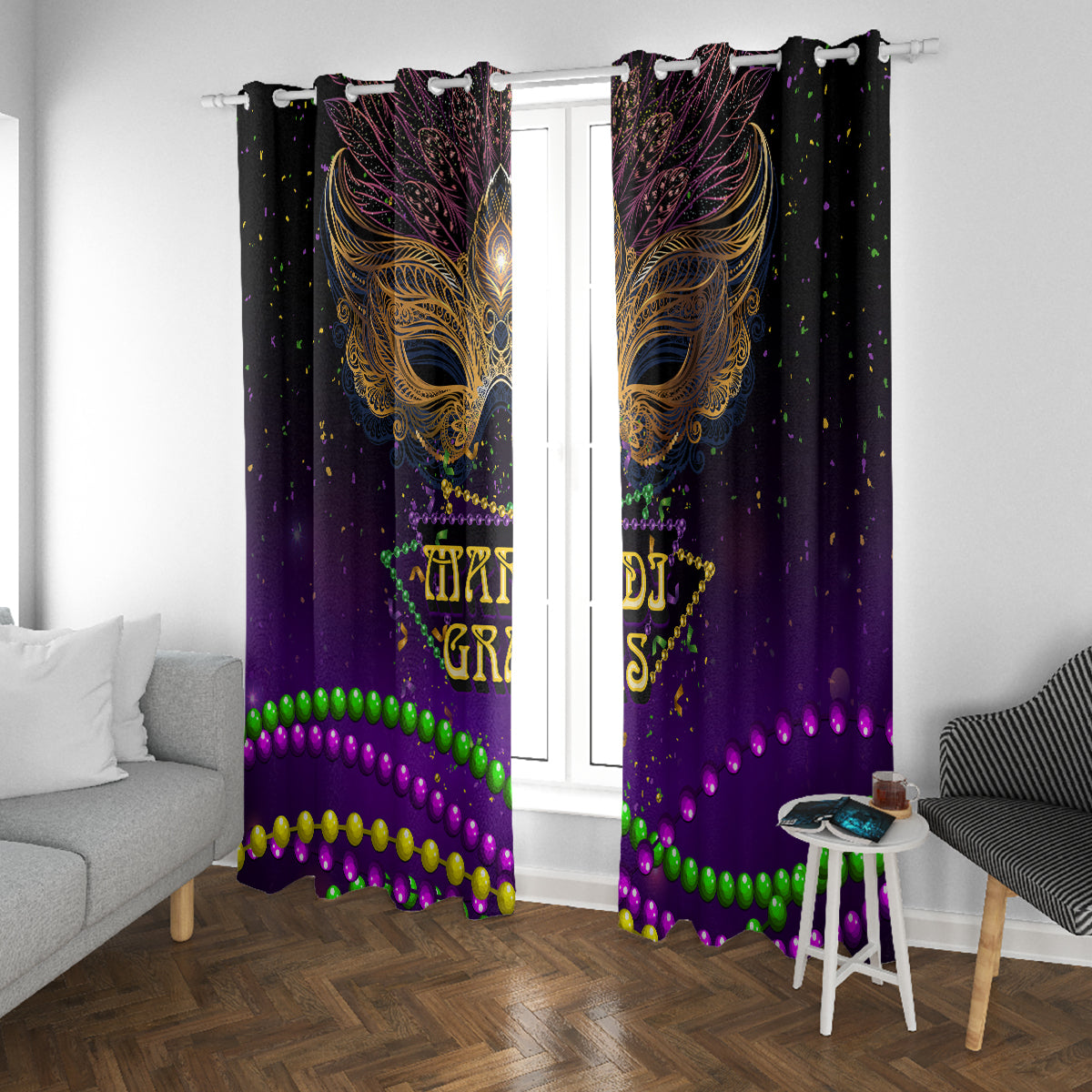 Purple Mardi Gras curtain panels with gold mask art and green, gold, and purple bead rows