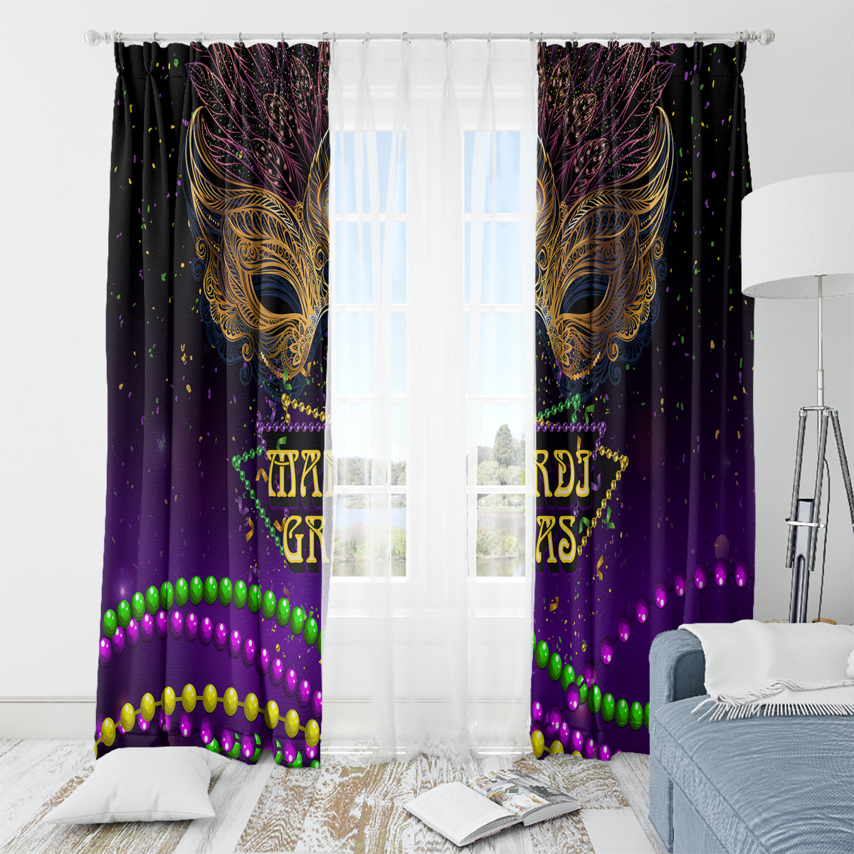 Mardi Gras window curtain set with gold mask artwork, purple background, and multicolor bead trim