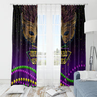 Mardi Gras window curtain set with gold mask artwork, purple background, and multicolor bead trim