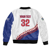 White and blue bomber jacket back with YOUR TEXT 32 and baseball seam graphic