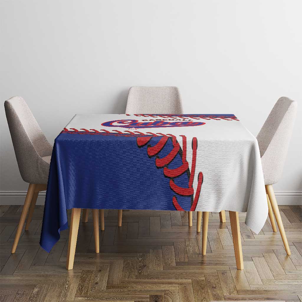 White baseball tablecloth on small table with blue panel and red stitched print