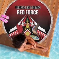 Red round beach blanket with white fringe, Trinidad and Tobago Red Force crest design