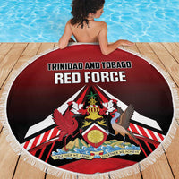 Red round beach blanket with white fringe, Trinidad and Tobago Red Force logo print