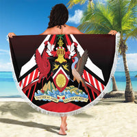 Red round beach blanket with white fringe, Trinidad and Tobago Red Force graphic, held up
