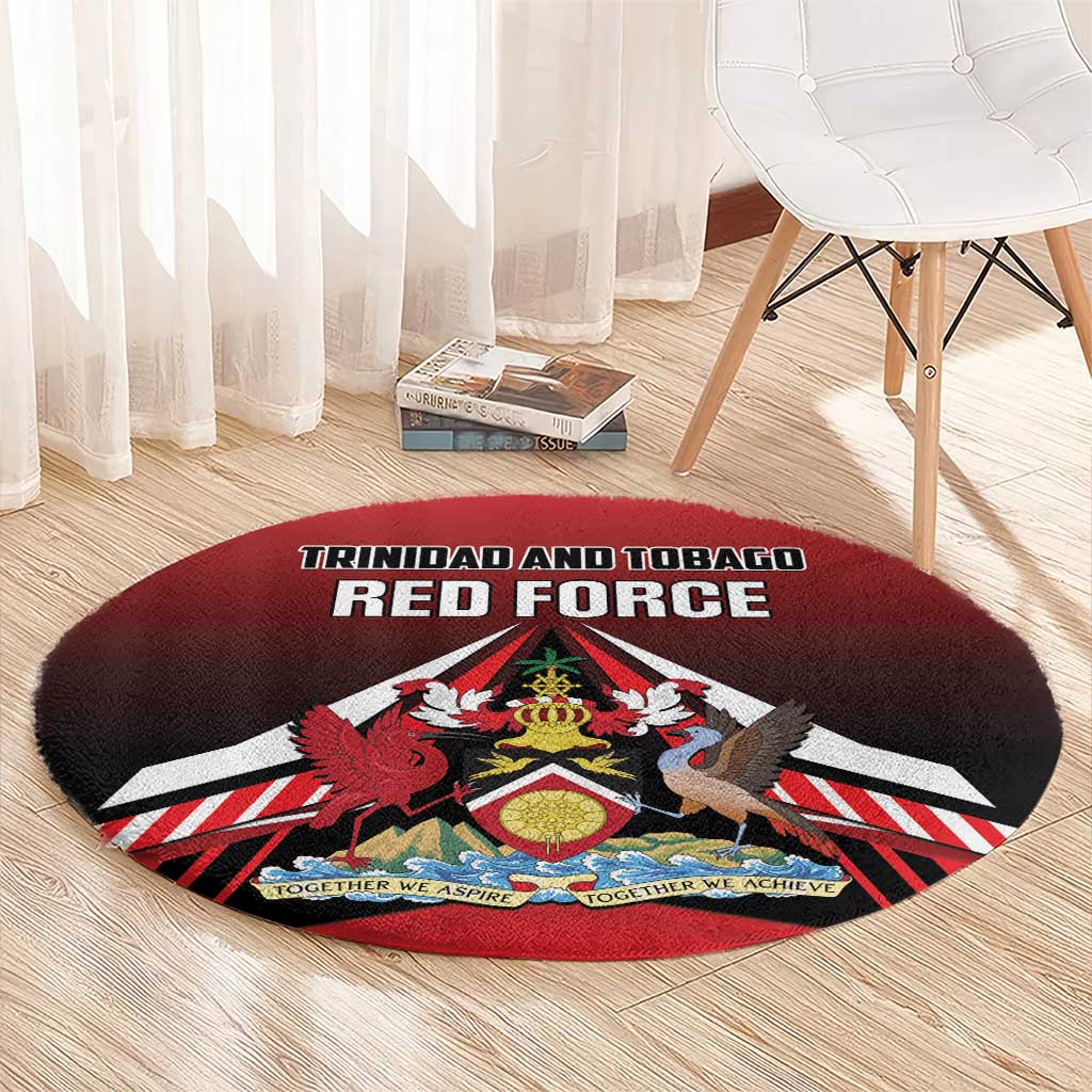 Round red rug with Red Force slogan, emblem, and striped graphic at center