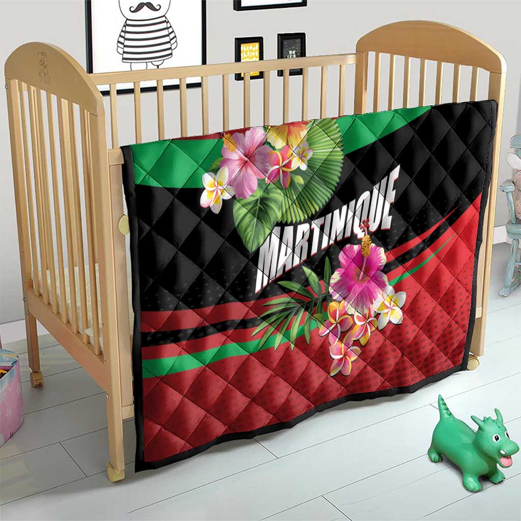 Quilted baby blanket mat in black, green, and red with tropical flowers and stripes