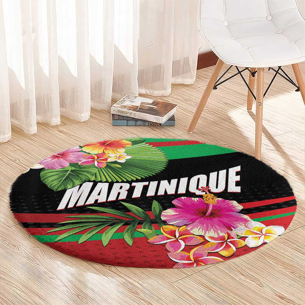 Round black tropical carpet mat with MARTINIQUE text and multicolor blossoms