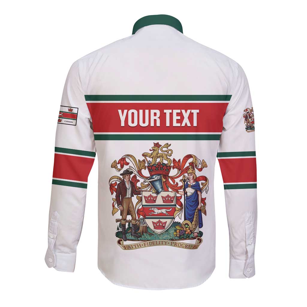 White long-sleeve button-up with back custom text and crest graphic