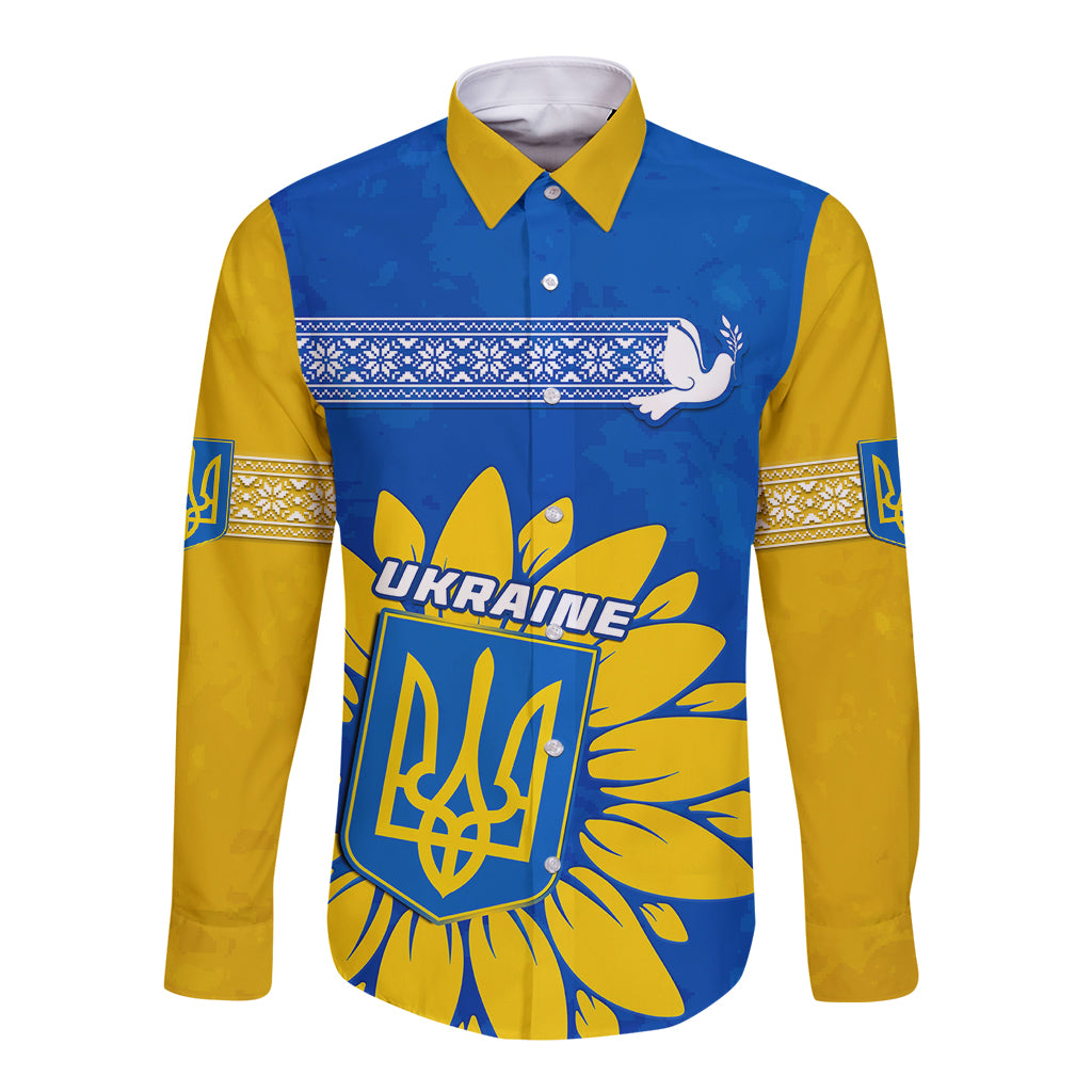 Unisex long-sleeve button shirt in blue and yellow, front crest with sunflower graphic