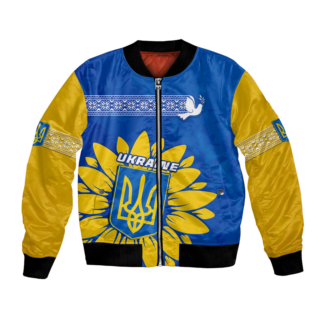 Blue and yellow bomber jacket with Ukraine emblem and sunflower graphic, zip front