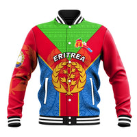 Red blue green baseball jacket with Eritrea emblem and striped rib trim