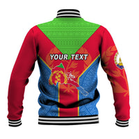 Red blue green baseball jacket back with diagonal pattern, 'YOUR TEXT' and rib trim