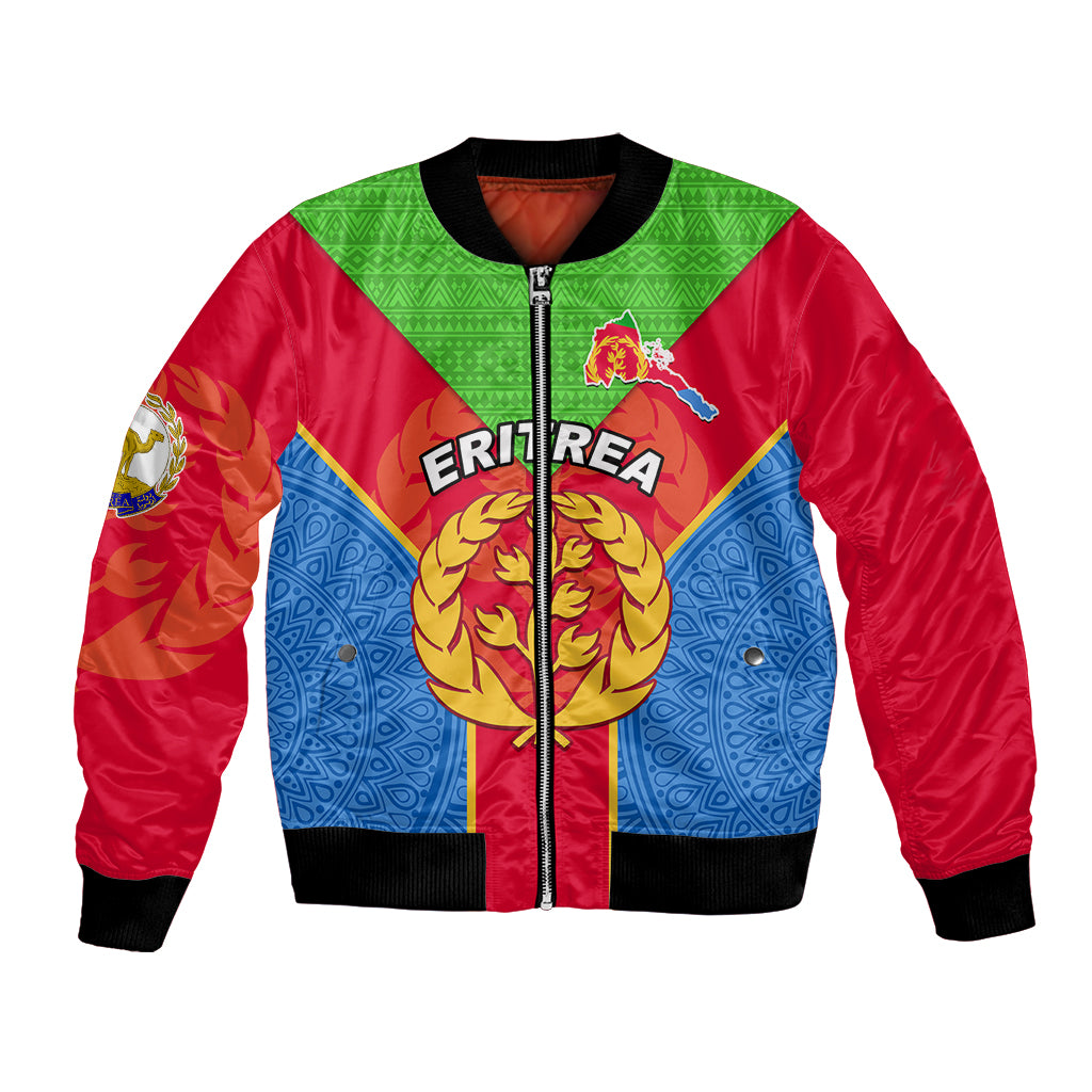 Red bomber jacket with front zipper, Eritrea emblem and flag-style geometric pattern