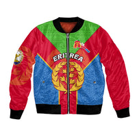 Red bomber jacket with front zipper, Eritrea emblem and flag-style geometric pattern