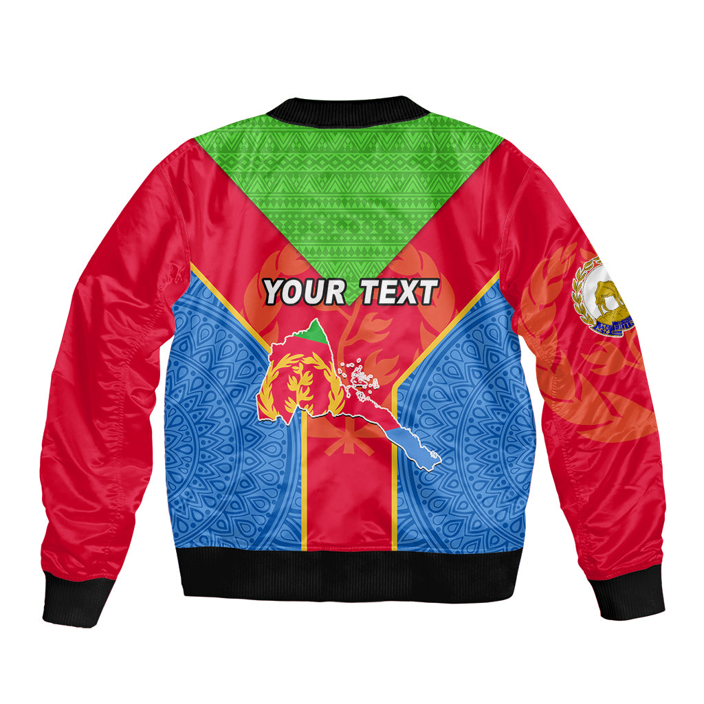 Red bomber jacket with back print, YOUR TEXT, laurel emblem and flag geometric panels