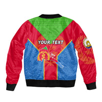 Red bomber jacket with back print, YOUR TEXT, laurel emblem and flag geometric panels