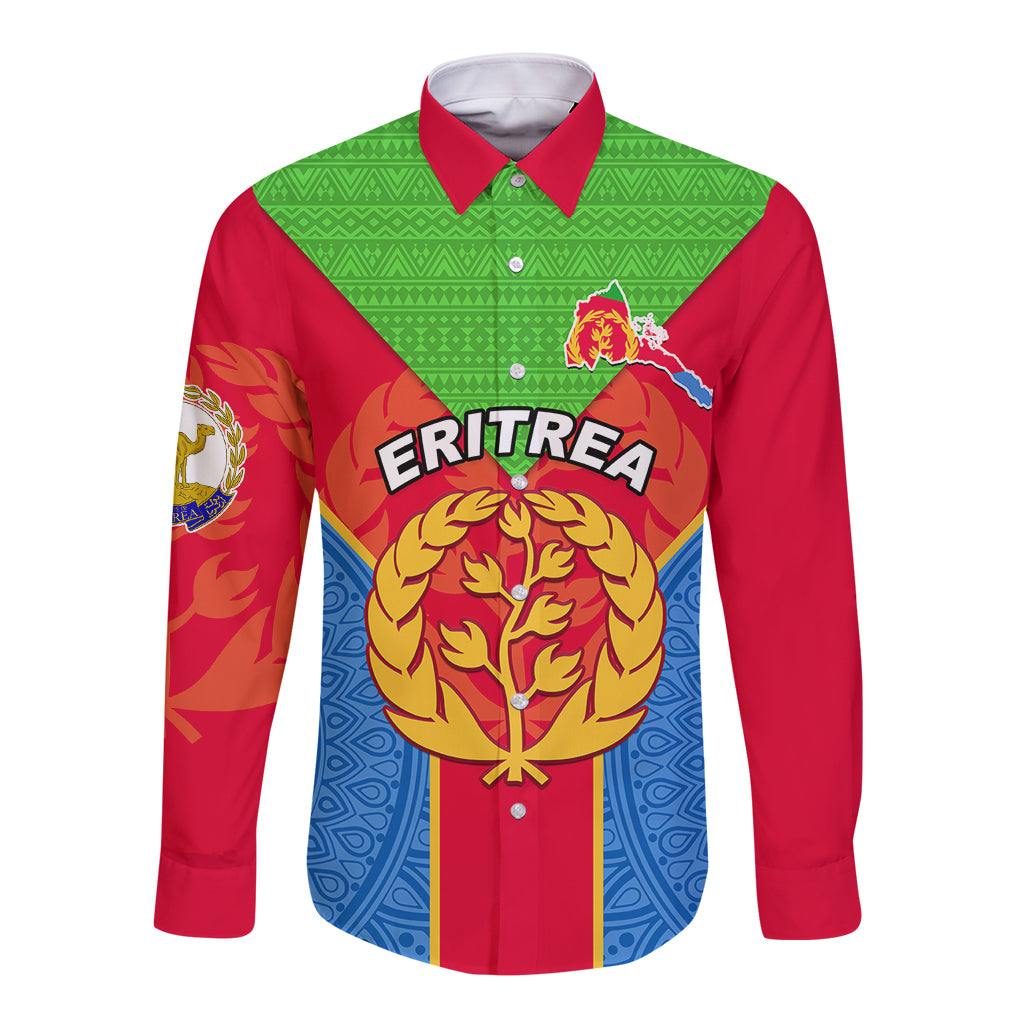 Long-sleeve button shirt with Eritrea emblem and flag pattern, red green blue front view