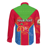 Long-sleeve button shirt back with red/blue flag design, green yoke, 'YOUR TEXT'