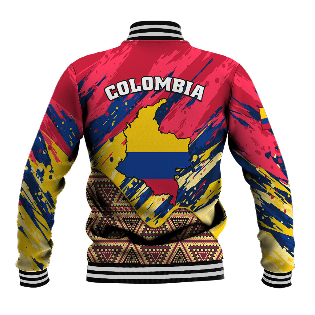 Unisex baseball jacket back with big map-style graphic, COLUMBIA text, striped ribbed trim