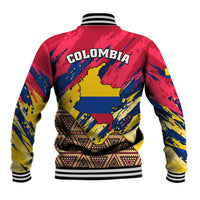 Unisex baseball jacket back with big map-style graphic, COLUMBIA text, striped ribbed trim
