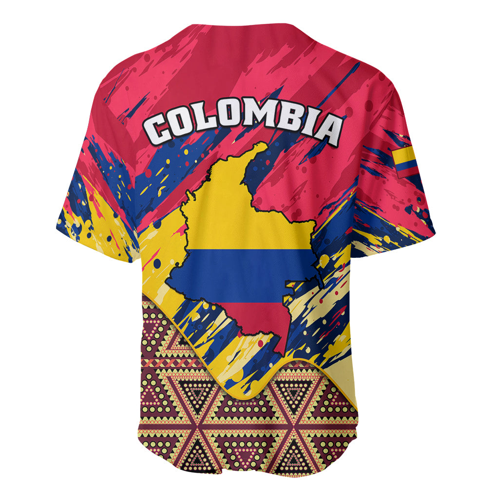 Baseball jersey back with COLOMBIA text, Colombia map, and tribal geometric border