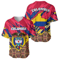 Baseball jersey with red V-neck, COLOMBIA front logo, and colorful map tribal print
