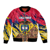 Unisex bomber jacket in red, yellow, and blue with tribal patterns and front zip