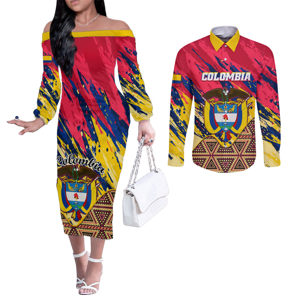 colombia-couples-matching-off-the-shoulder-long-sleeve-dress-and-long-sleeve-button-shirts-colombian-tribal-seamless-patterns