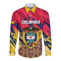 Long-sleeve button shirt, yellow collar, Colombia crest graphic in red, blue, yellow