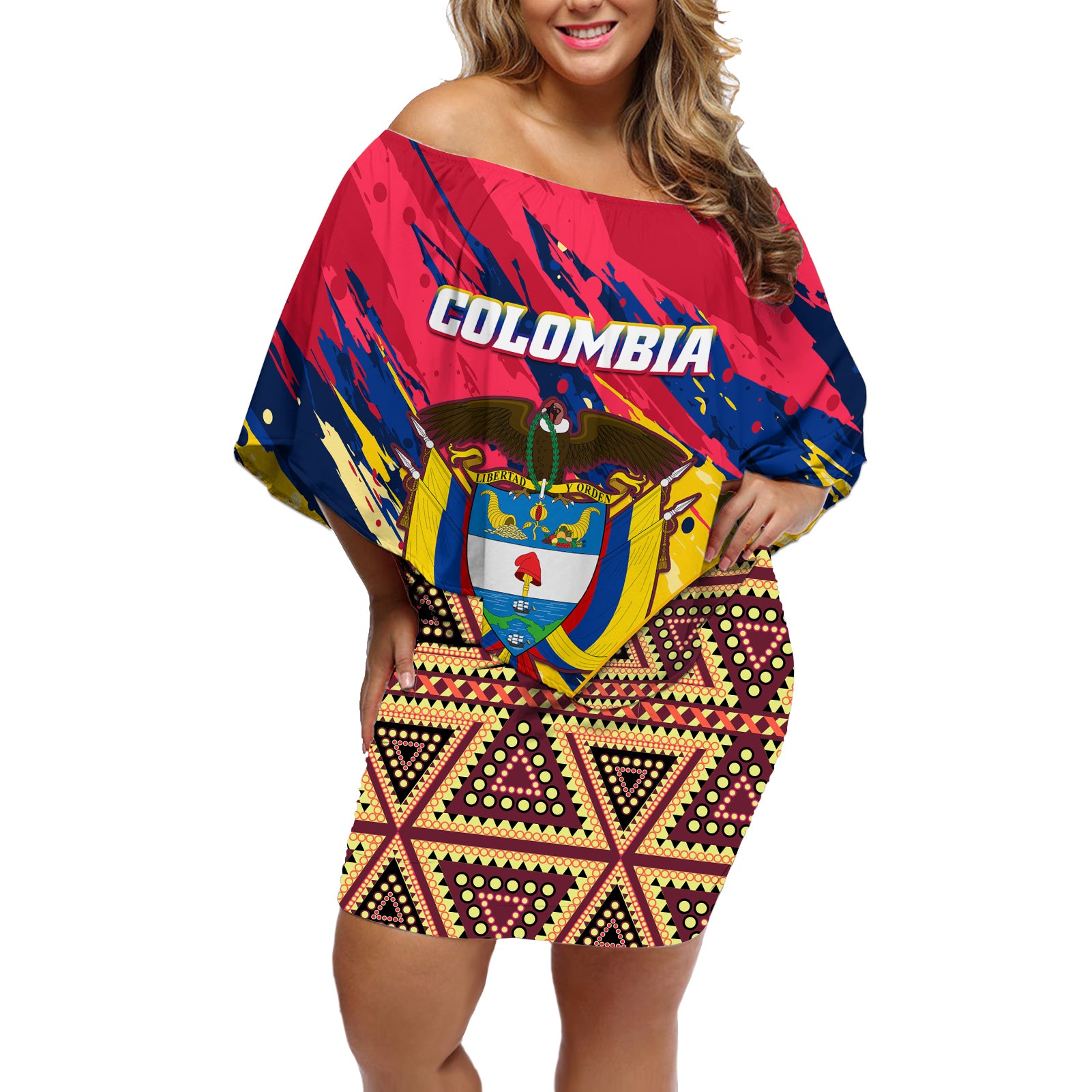 Colombia Off Shoulder Short Dress Colombian Tribal Seamless Patterns - Wonder Print Shop