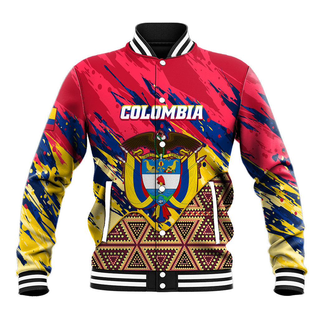 Red baseball jacket with multicolor tribal graphic and snap button front, ribbed cuffs