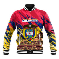 Red baseball jacket with multicolor tribal graphic and snap button front, ribbed cuffs