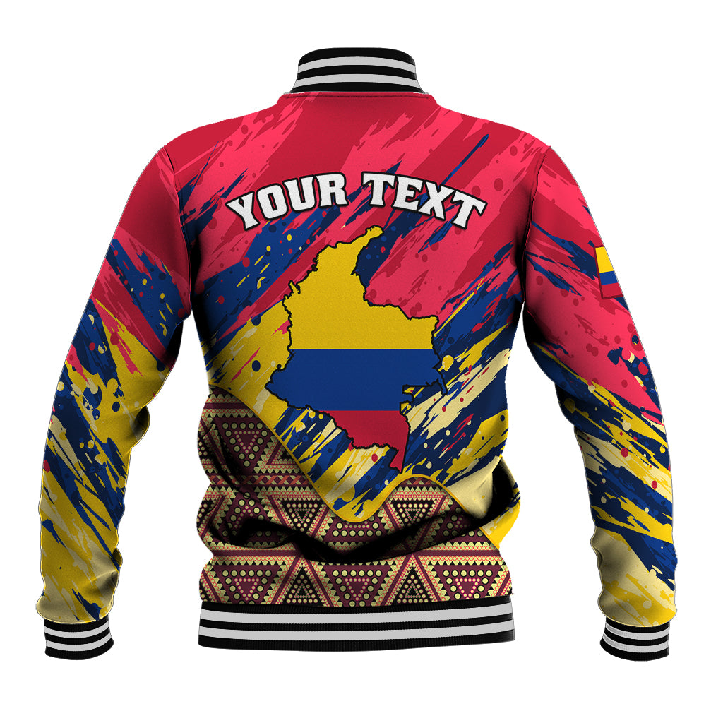 Back of red baseball jacket with YOUR TEXT graphic, ribbed striped collar and cuffs