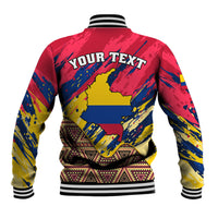 Back of red baseball jacket with YOUR TEXT graphic, ribbed striped collar and cuffs