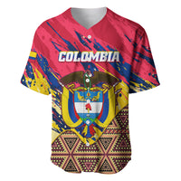 Red baseball jersey with V-neck, Colombia crest, and colorful tribal-patterned hem