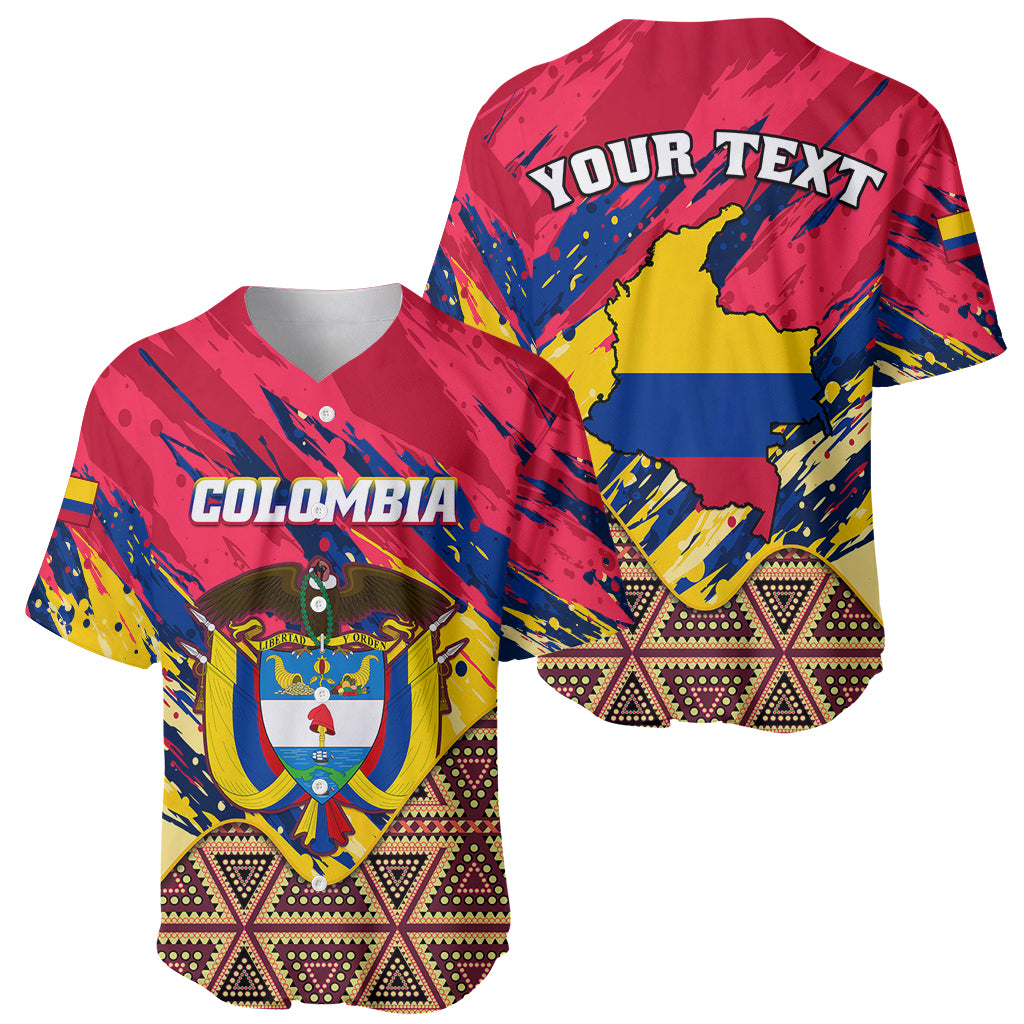Red baseball jersey set: Colombia crest front and 'YOUR TEXT' map back with tribal pattern