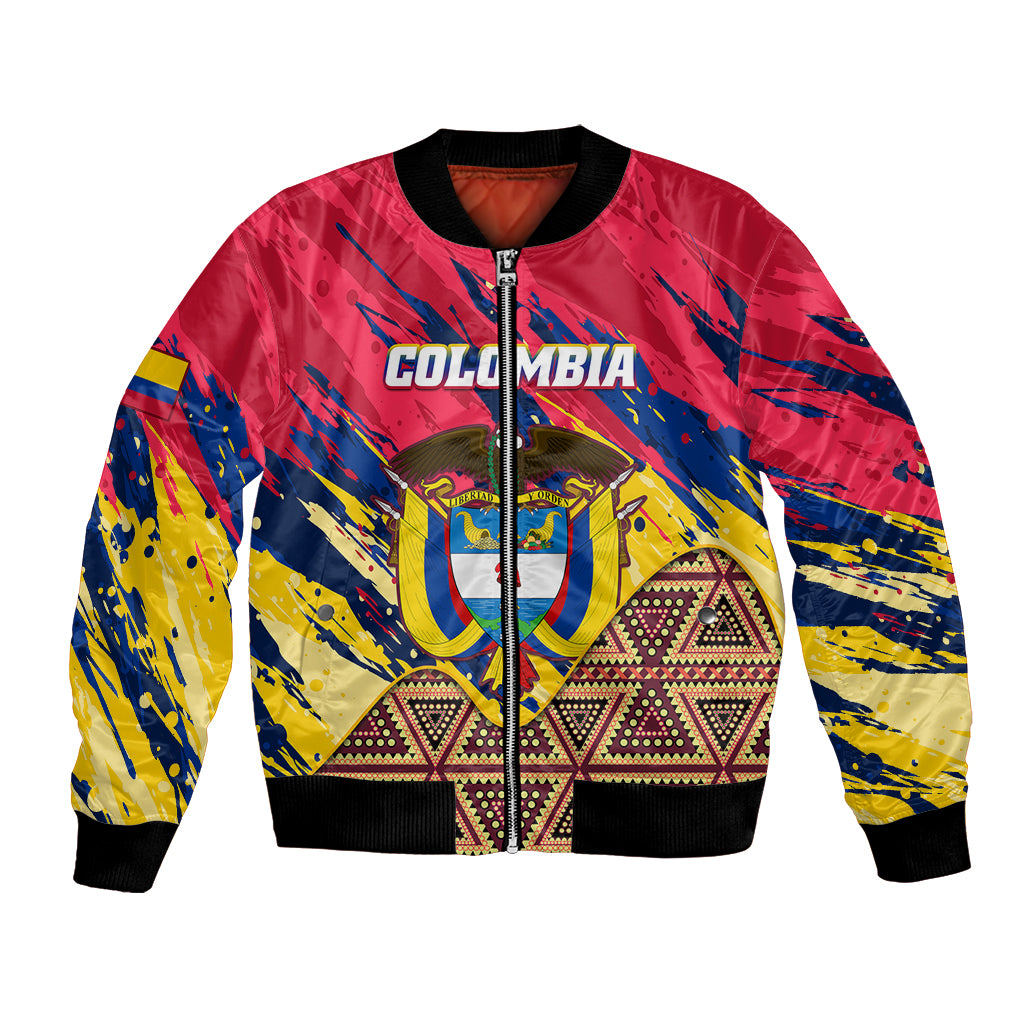 Multicolor bomber jacket with zipper, ribbed trim, tribal seamless pattern and 'COLOMBIA' print