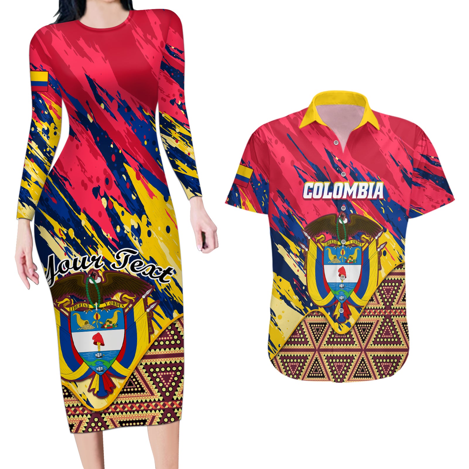 Personalised Colombia Couples Matching Long Sleeve Bodycon Dress and Hawaiian Shirt Colombian Tribal Seamless Patterns - Wonder Print Shop