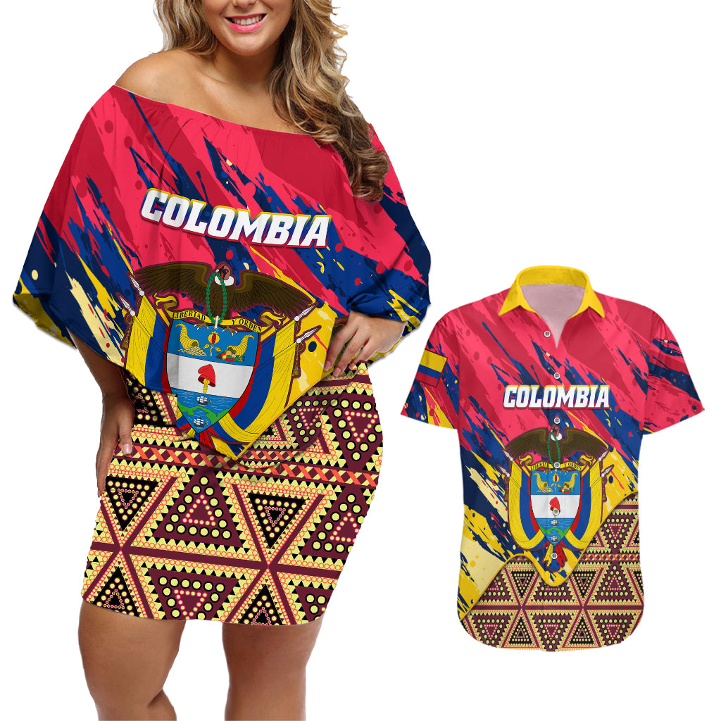 Personalised Colombia Couples Matching Off Shoulder Short Dress and Hawaiian Shirt Colombian Tribal Seamless Patterns - Wonder Print Shop