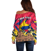 Back view off-shoulder sweater with bold multicolor print and 'YOUR TEXT' graphic