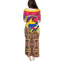 Long off-shoulder dress with back 'YOUR TEXT' print and tribal pattern