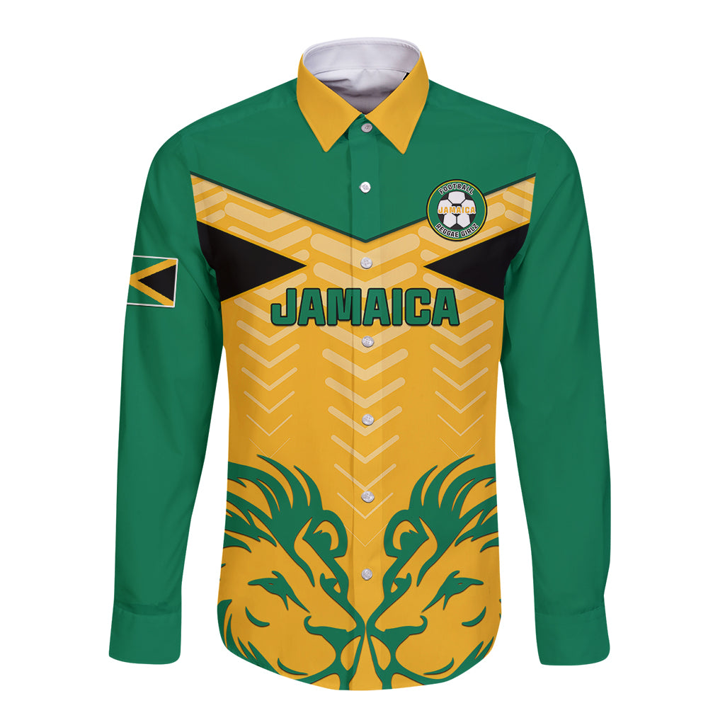 Green football long-sleeve button shirt with Jamaica graphic and lion emblem