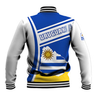 Unisex baseball jacket with blue-and-white stripes and Uruguay graphic on back