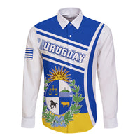 Long-sleeve button shirt with blue front panel, white sleeves, Uruguay crest graphic