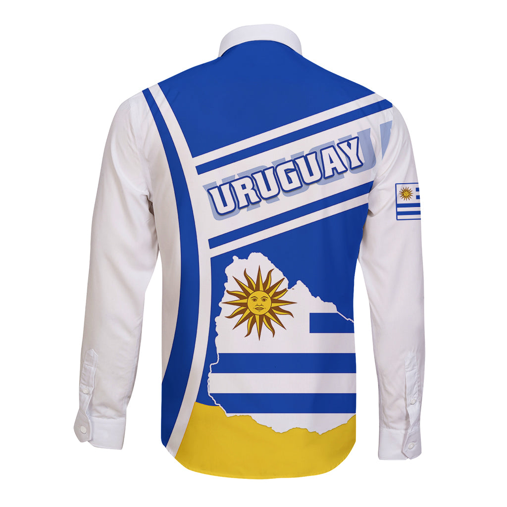 Long-sleeve button shirt, blue back with white stripes and Uruguay lettering, crest patch