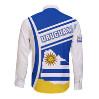 Long-sleeve button shirt, blue back with white stripes and Uruguay lettering, crest patch