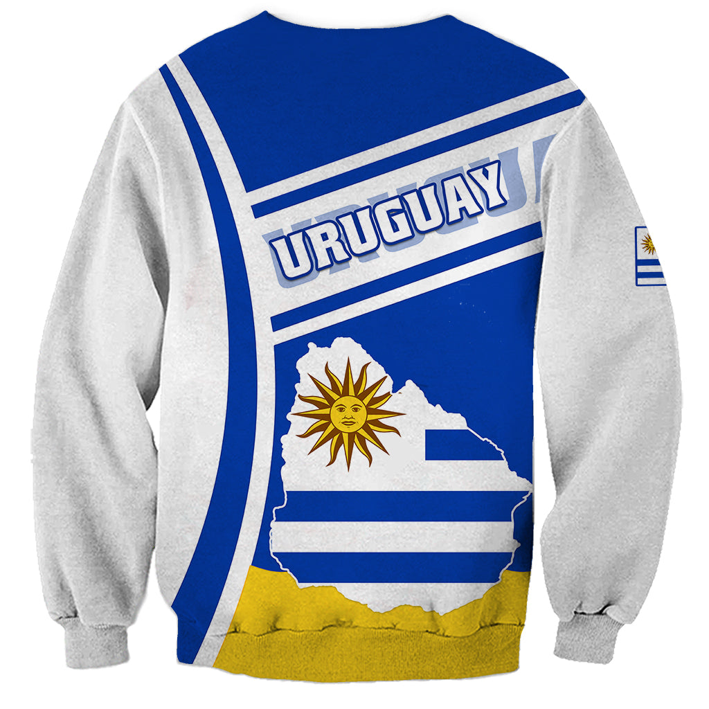 Unisex sweatshirt with blue back panel, white stripes, and Uruguay crest graphic, gray sleeves