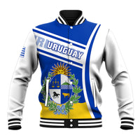 Blue and white varsity baseball jacket with Uruguay crest and striped ribbed trim