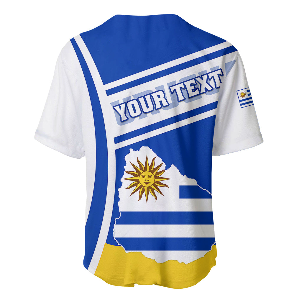 Uruguay baseball jersey back view with blue-and-white stripes, crest, and your text
